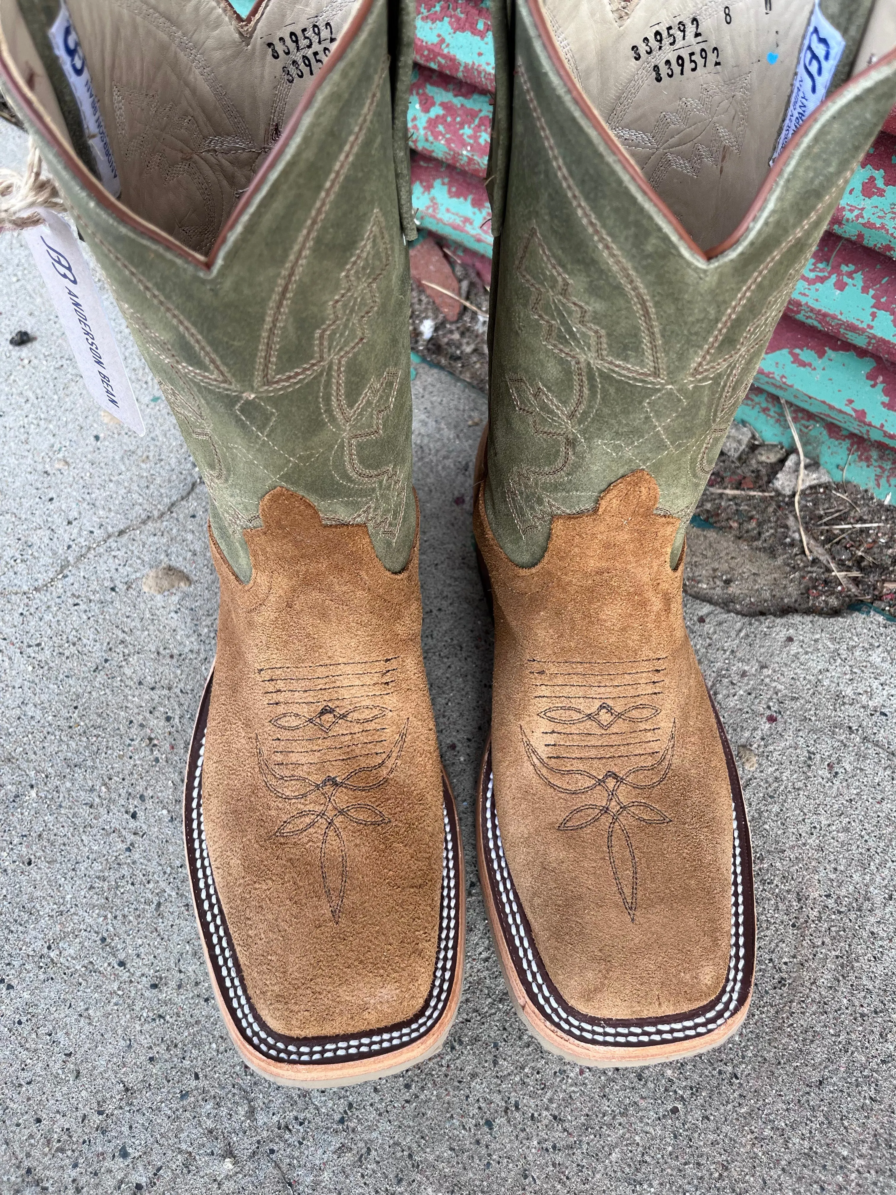 Anderson Bean Men's 10" Tan Indian/Sage Waxy Kudu Square Toe Cowboy Boots 339592