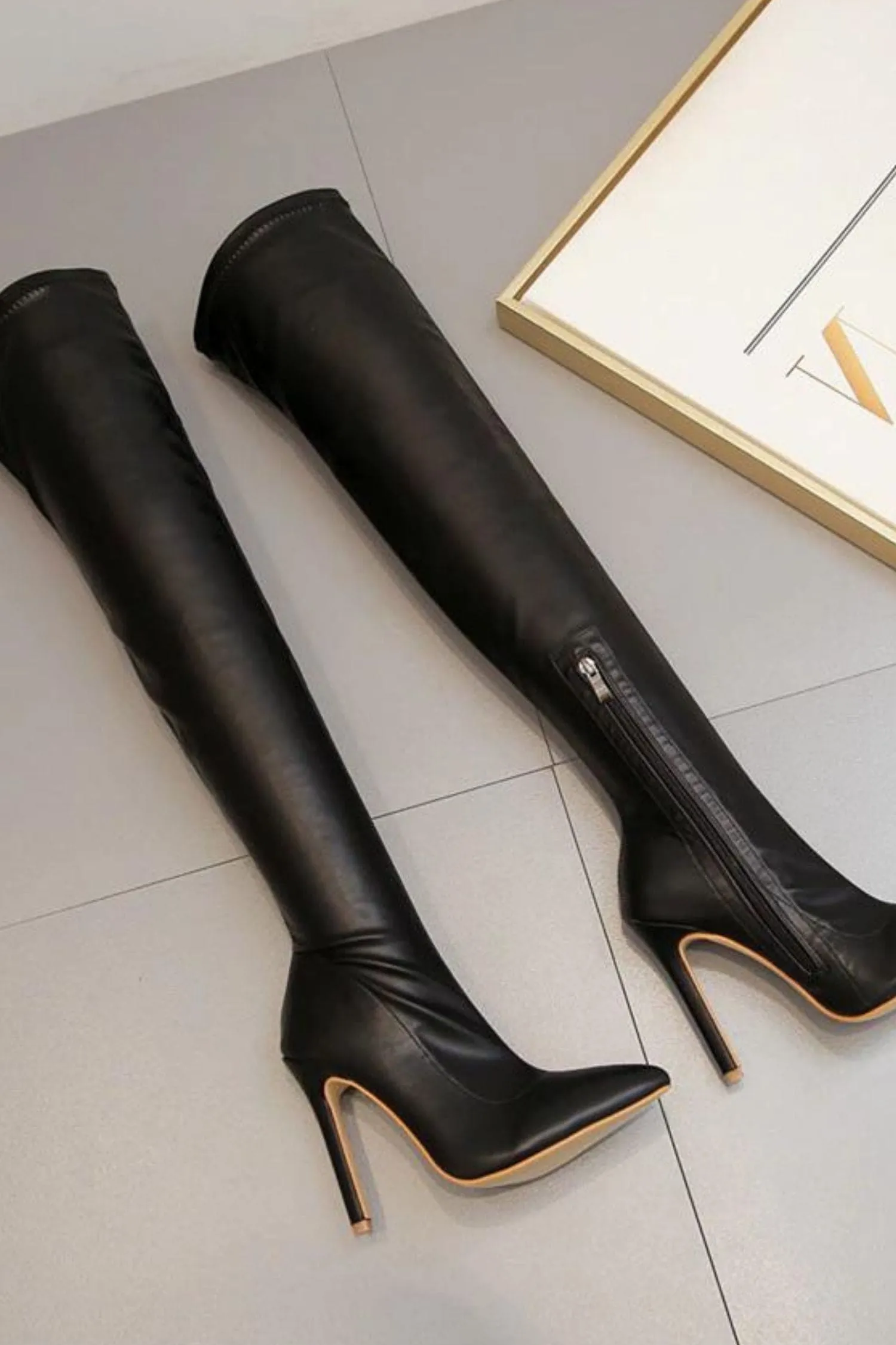 Black Pointed Toe Thigh High Boots