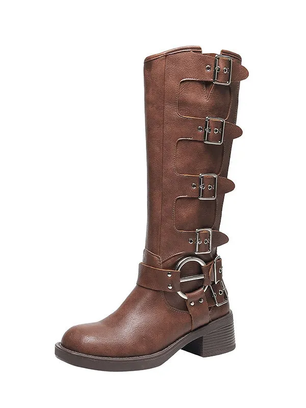 Womens Stylish Buckle Leather Chunky Heel Ankle Boots