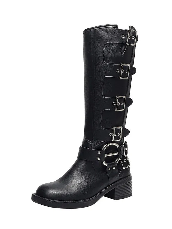 Womens Stylish Buckle Leather Chunky Heel Ankle Boots