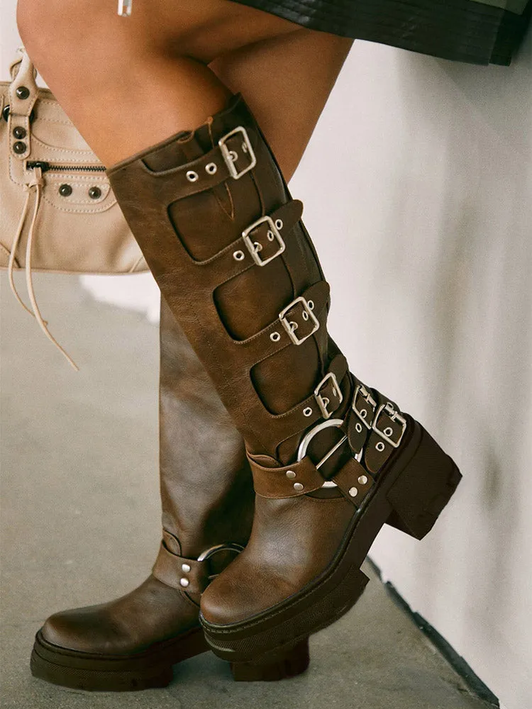 Womens Stylish Buckle Leather Chunky Heel Ankle Boots