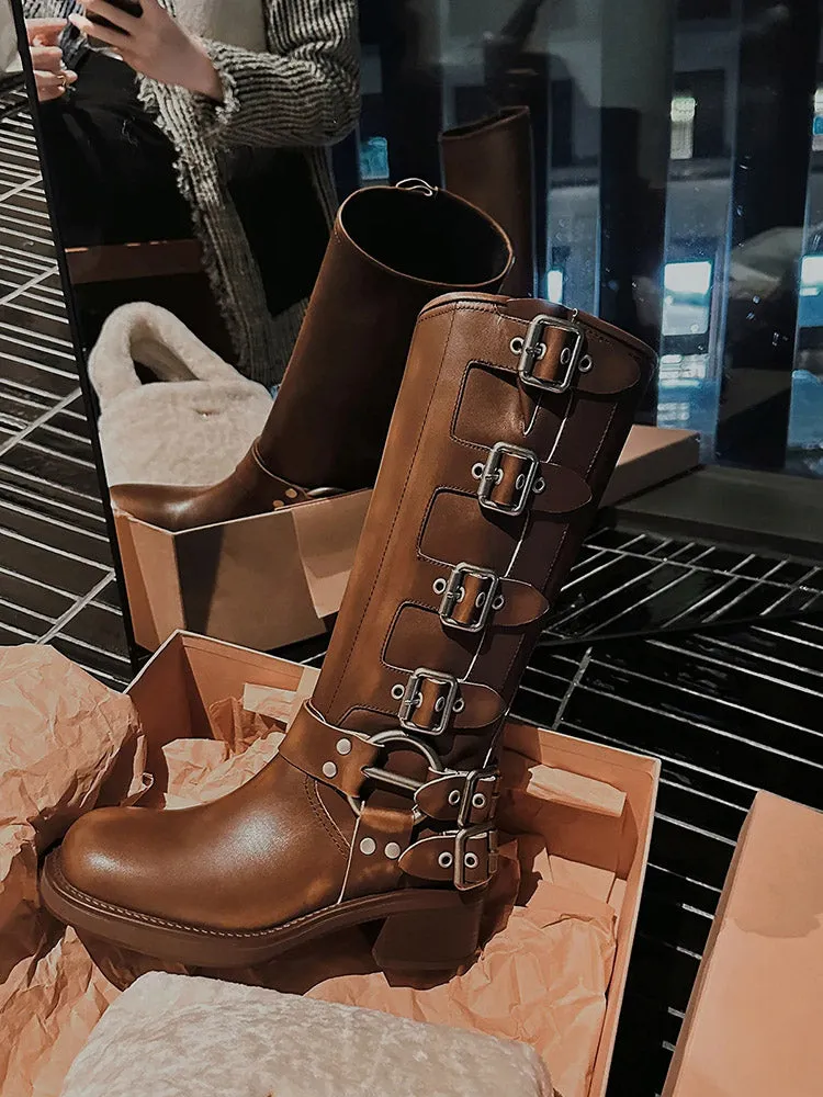 Womens Stylish Buckle Leather Chunky Heel Ankle Boots