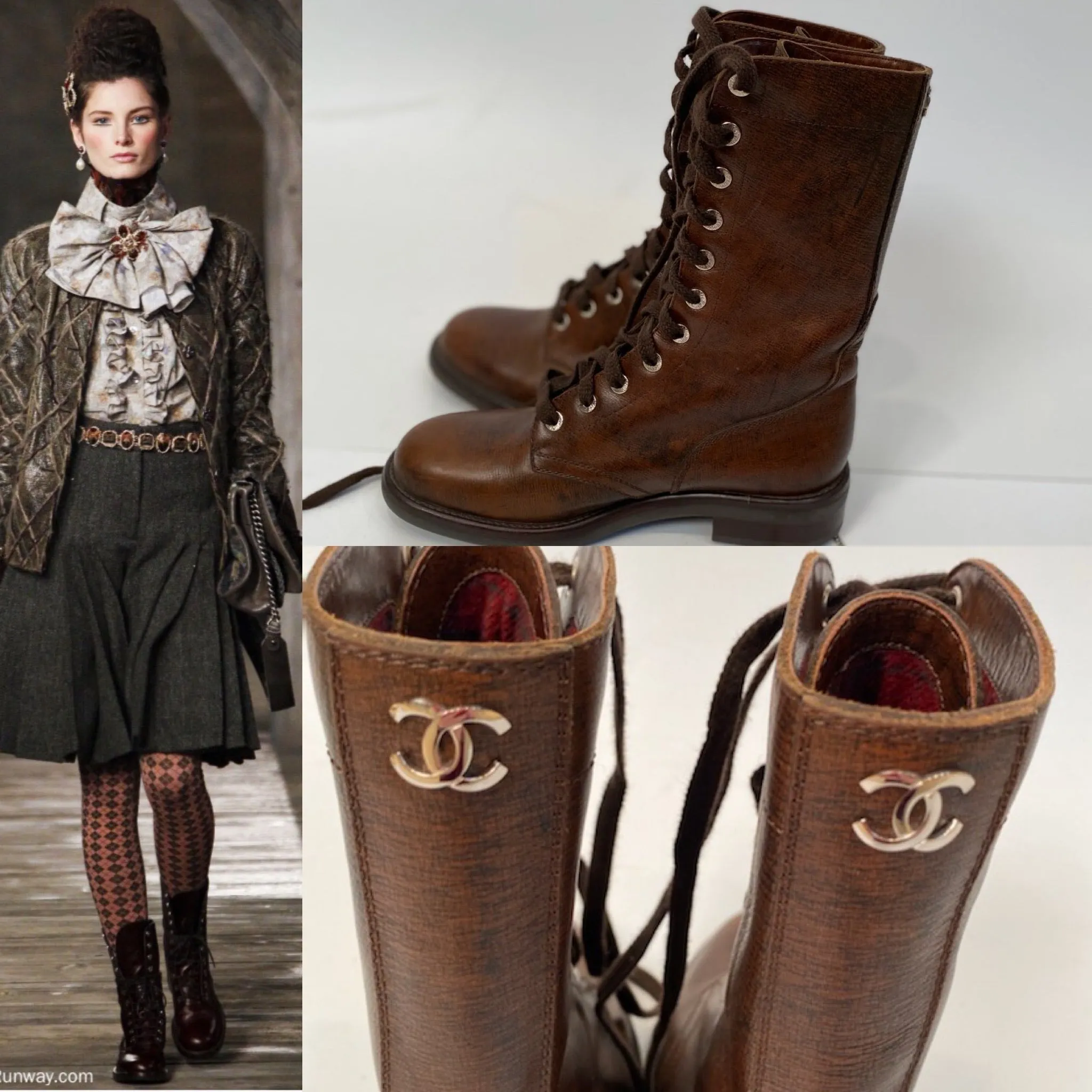 Chanel 13A Paris Edinburgh Brown Leather Lace Up Engineer Boots EU 39