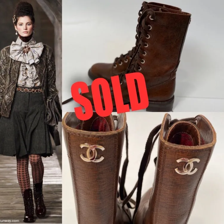 Chanel 13A Paris Edinburgh Brown Leather Lace Up Engineer Boots EU 39