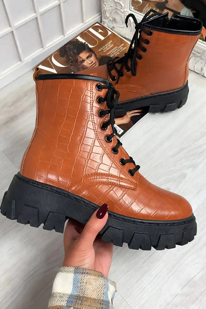 Chunky Faux Croc Laced Boots