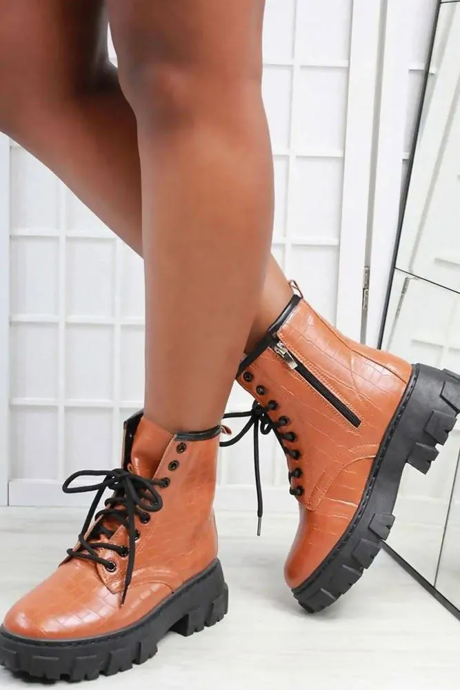 Chunky Faux Croc Laced Boots