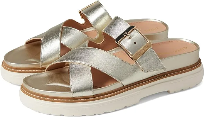 Cole Haan Fraya Slide Soft Gold Leather Slip On Open Toe Chunky Heel Sandals