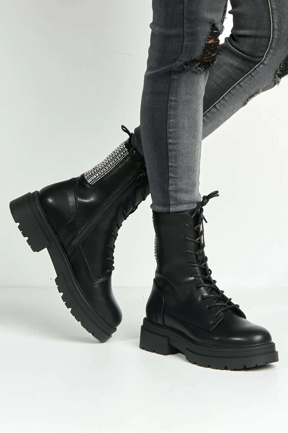 Black Matte Gabbie Ankle Boots with Diamante Stud Detail and Lace Up Design