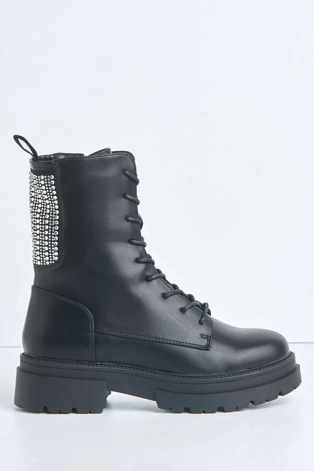 Black Matte Gabbie Ankle Boots with Diamante Stud Detail and Lace Up Design