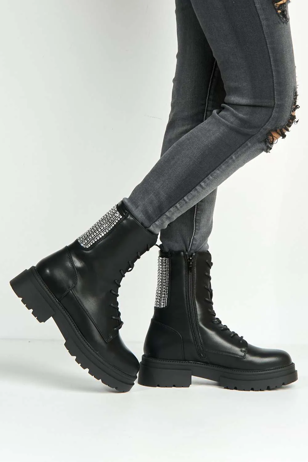 Black Matte Gabbie Ankle Boots with Diamante Stud Detail and Lace Up Design