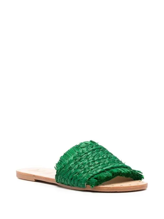 Manebi Fringe Braid Raffia Slide - Green