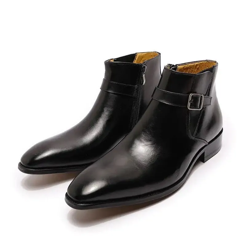 Men's Italian Leather Dress Boots With Zipper & Buckle