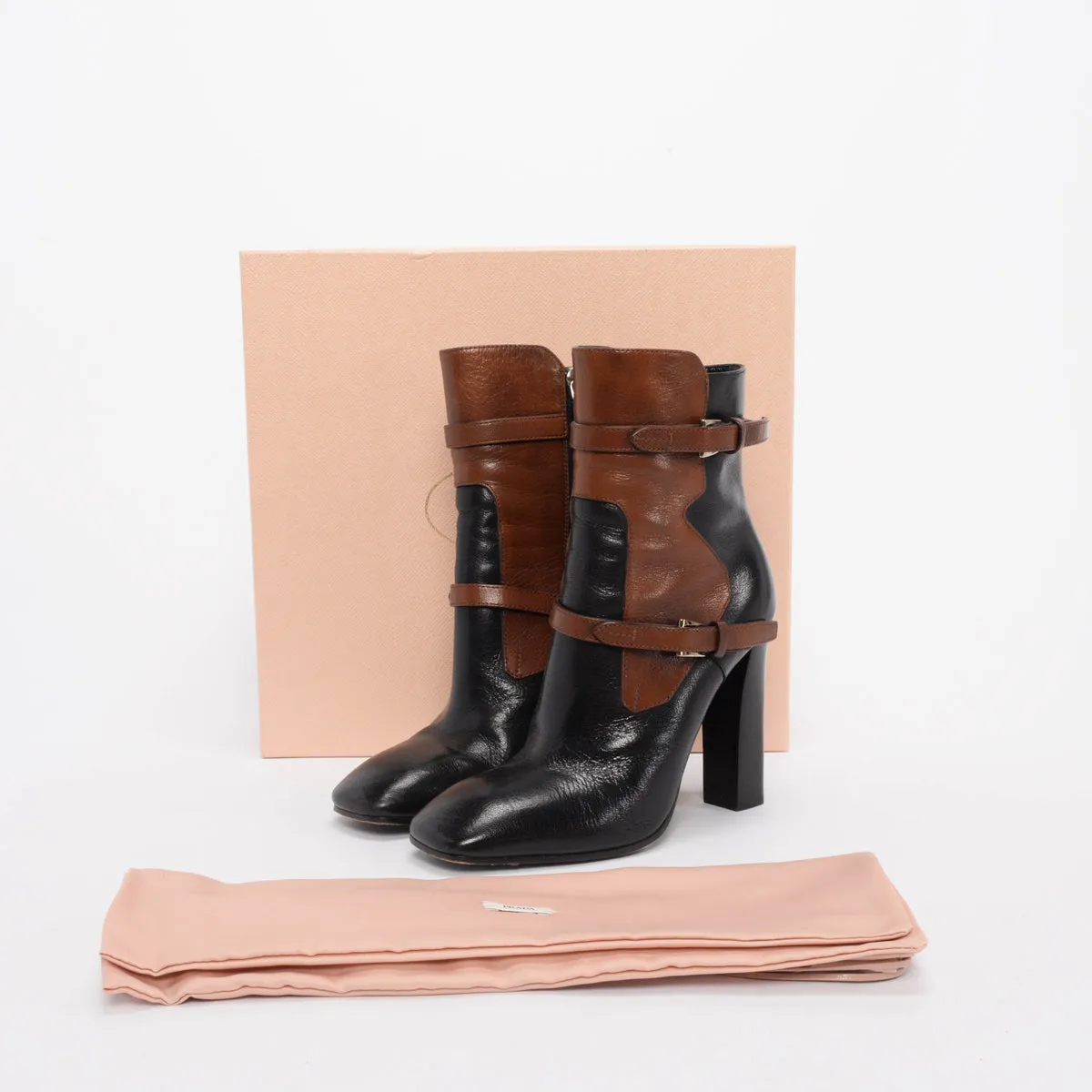 Prada Black & Tan Leather Strap Detail Boots 38.5