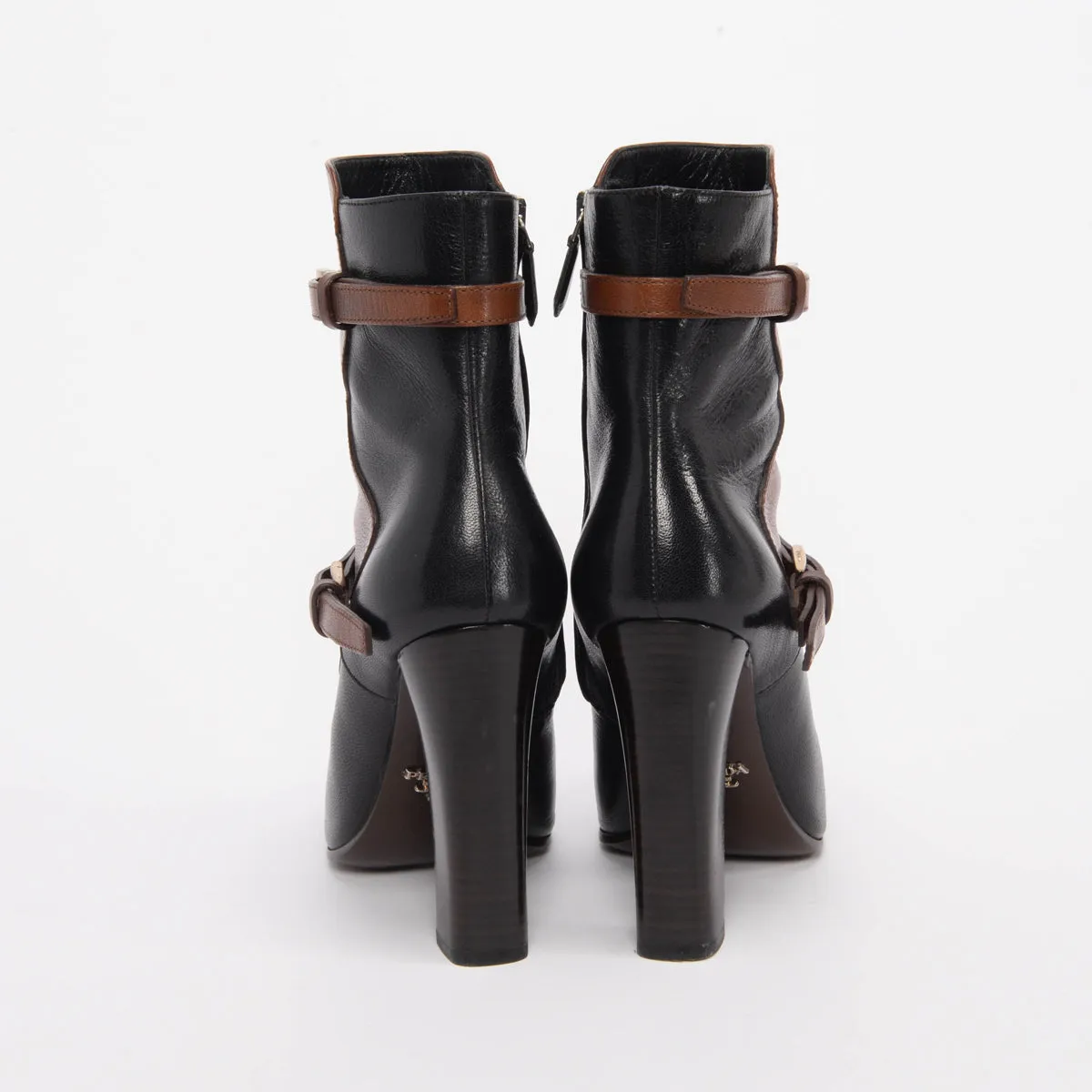 Prada Black & Tan Leather Strap Detail Boots 38.5