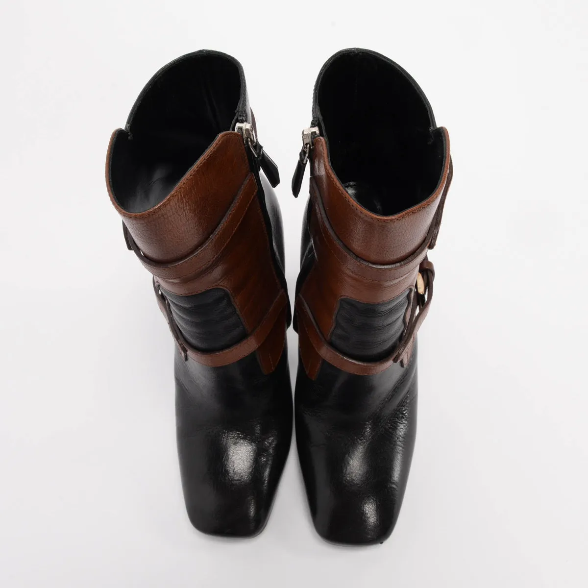 Prada Black & Tan Leather Strap Detail Boots 38.5