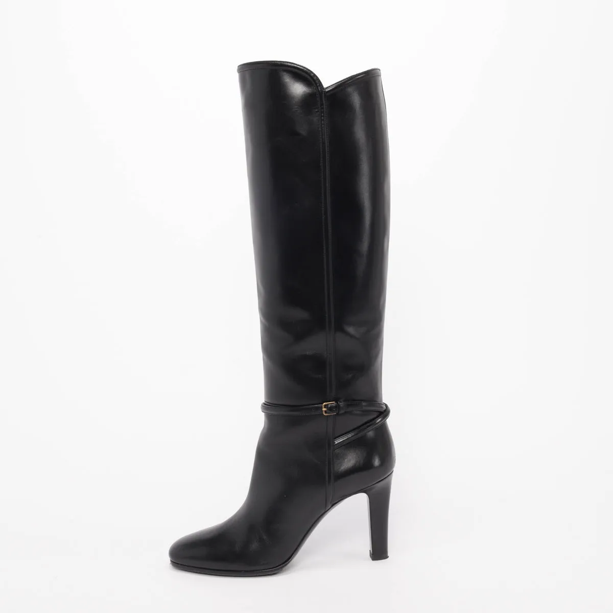 Saint Laurent Black Polished Leather Jane Buckle Boots 39.5