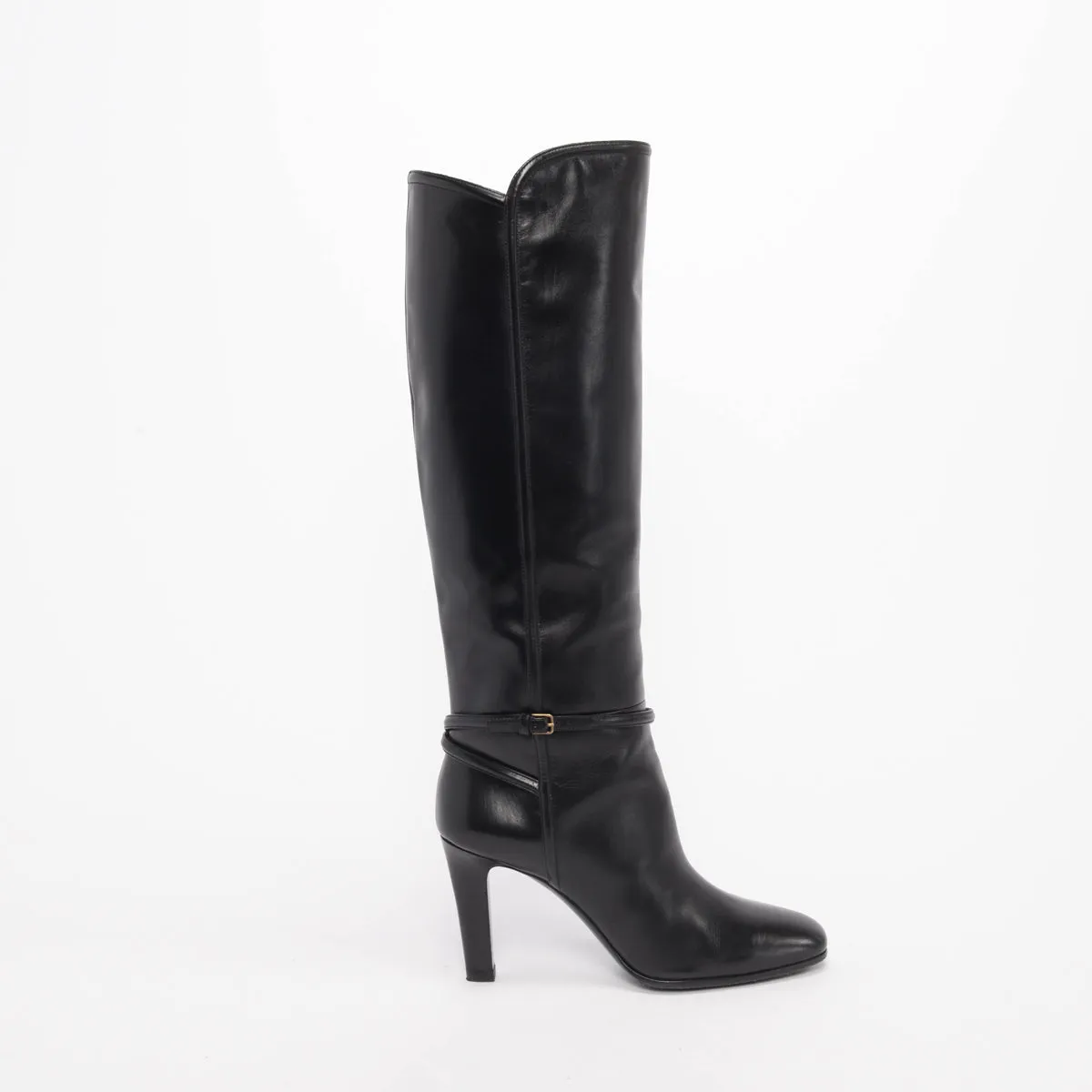 Saint Laurent Black Polished Leather Jane Buckle Boots 39.5