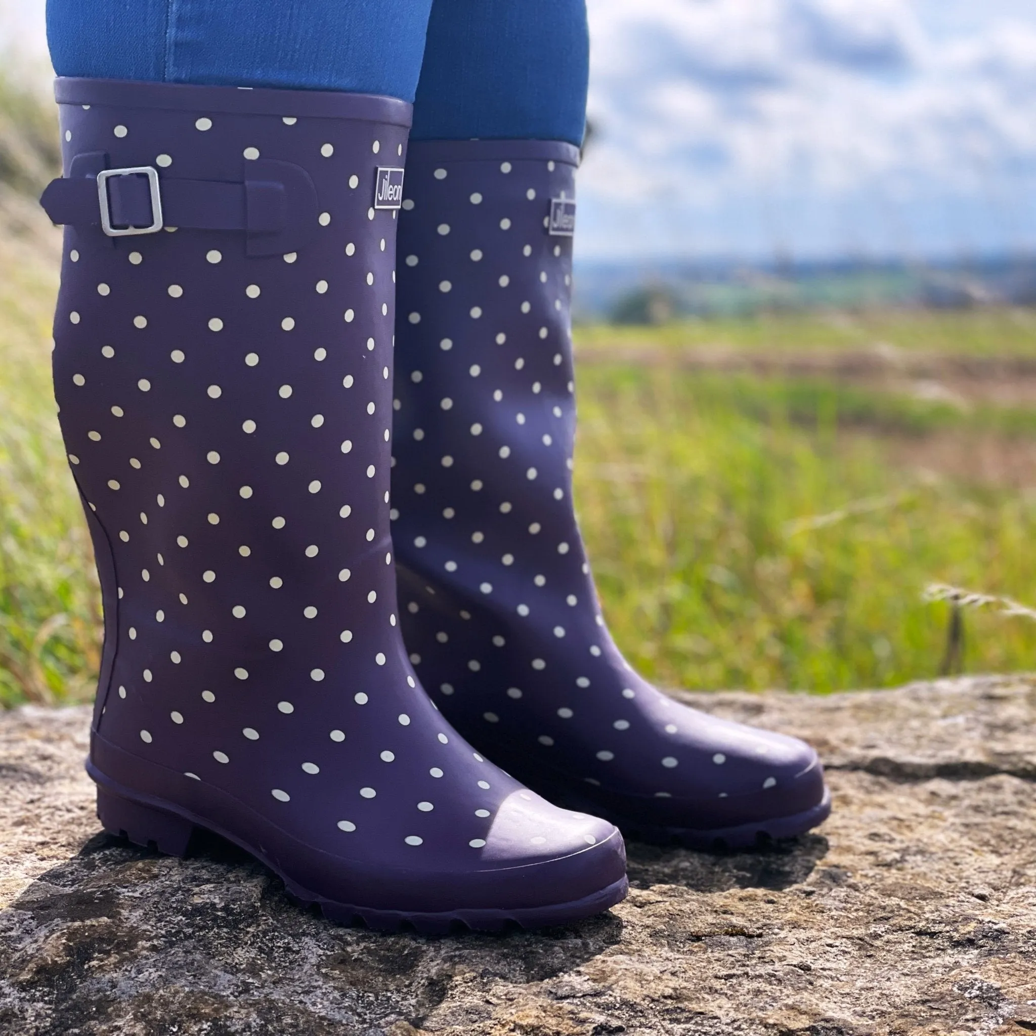 Wide Calf Purple Cream Spot Wellies for Women - Wide in Foot and Ankle