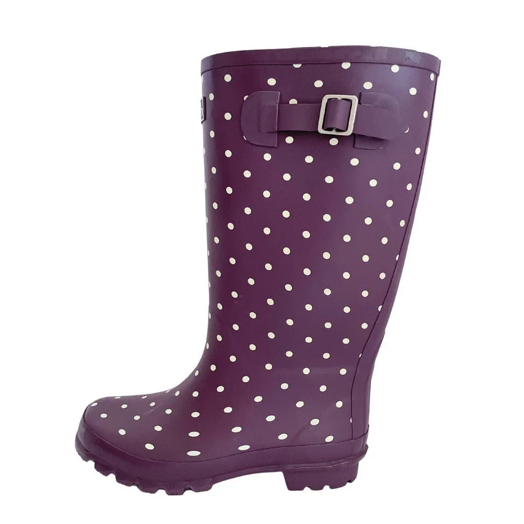 Wide Calf Purple Cream Spot Wellies for Women - Wide in Foot and Ankle