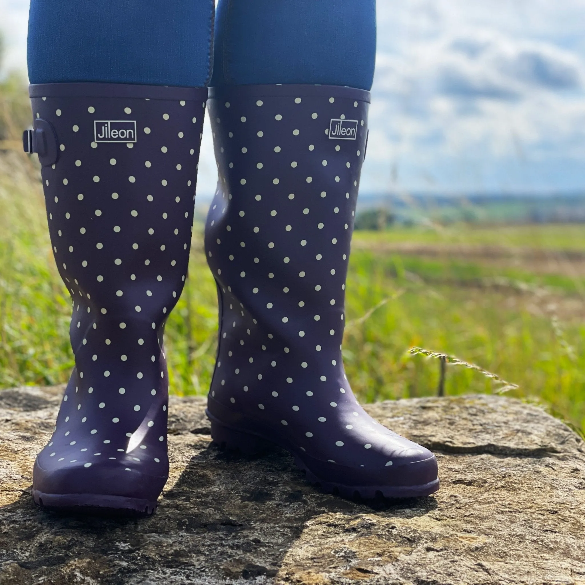 Wide Calf Purple Cream Spot Wellies for Women - Wide in Foot and Ankle