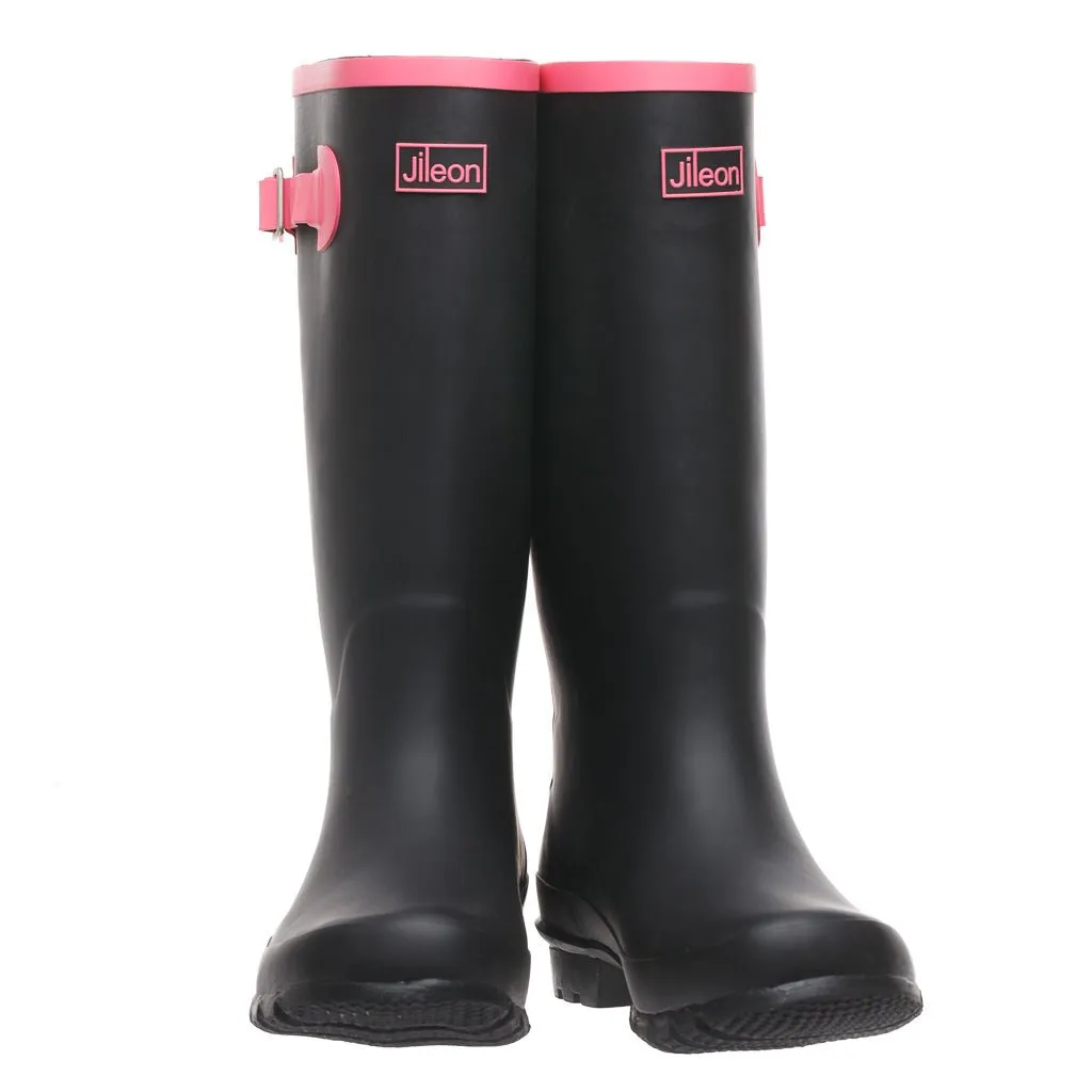 Wide Calf Wellies - Black with Hot Pink Trim- Wide in Foot and Ankle