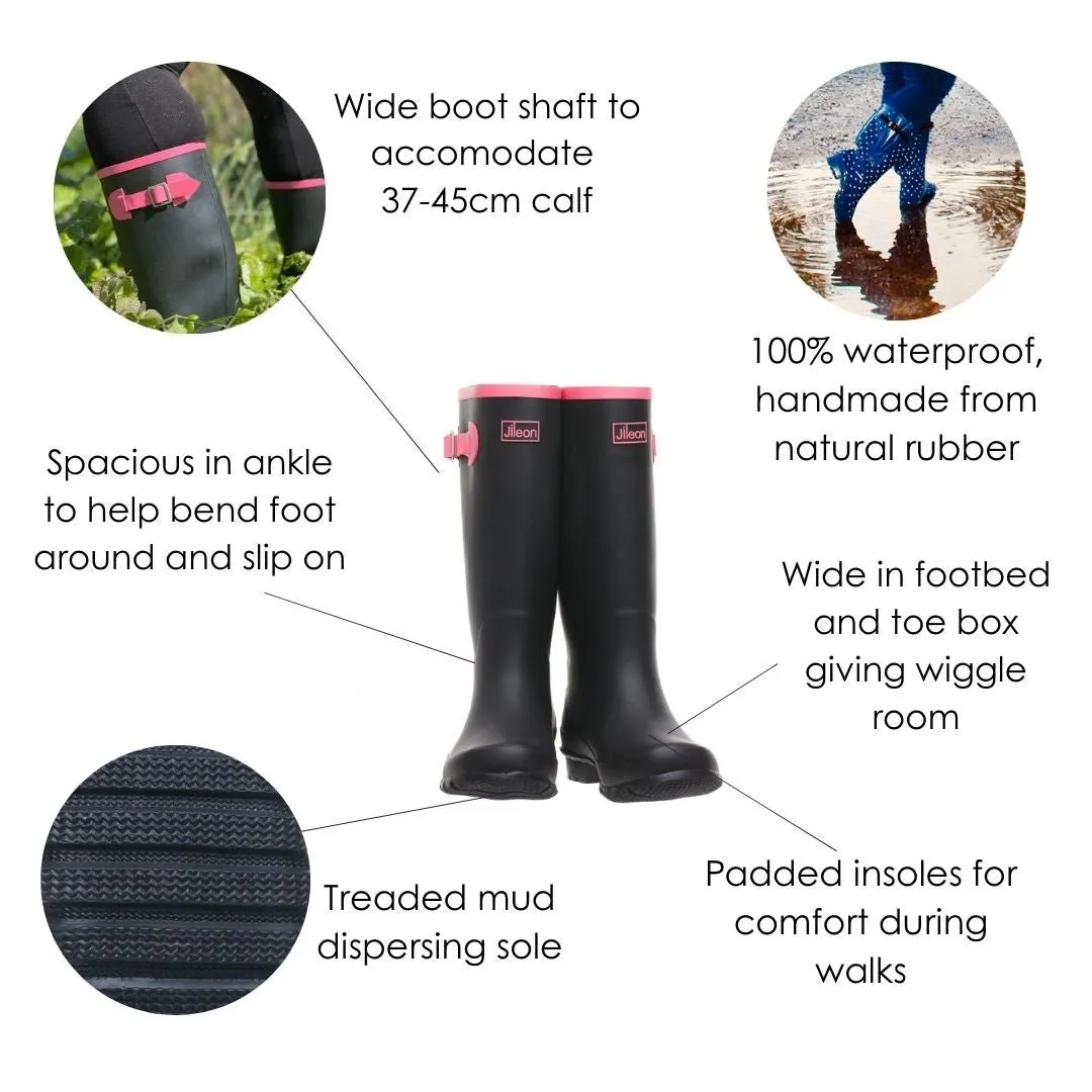 Navy Wide Calf Wellies with Reflective Rear Strip - Extra Room in Foot and Ankle