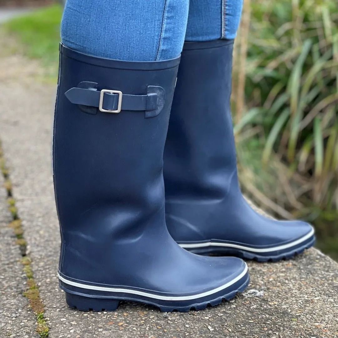 Navy Wide Calf Wellies with Reflective Rear Strip - Extra Room in Foot and Ankle