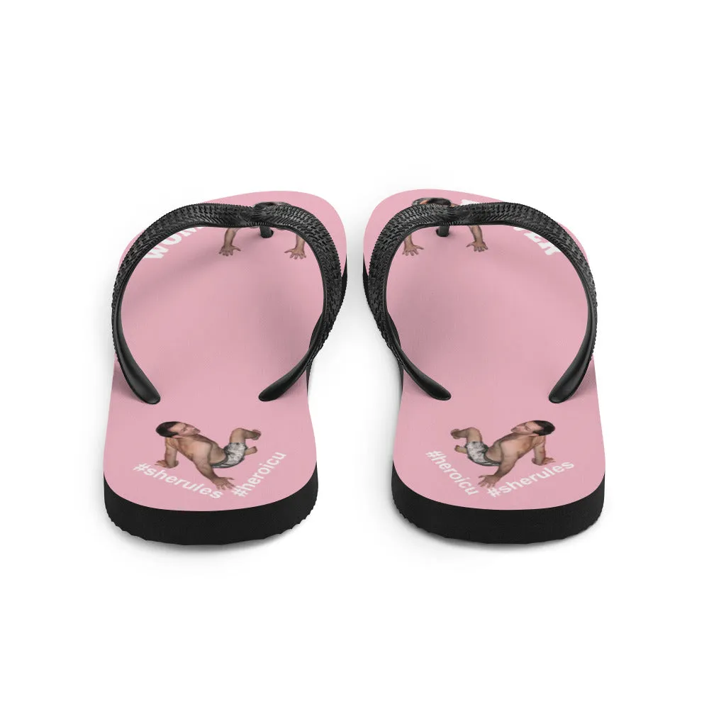 Woman Power Fabric Top Flip Flop Sandal Has Men Bow To Your Toes Pale Pink Color with White Letters (NEW 2023-04)